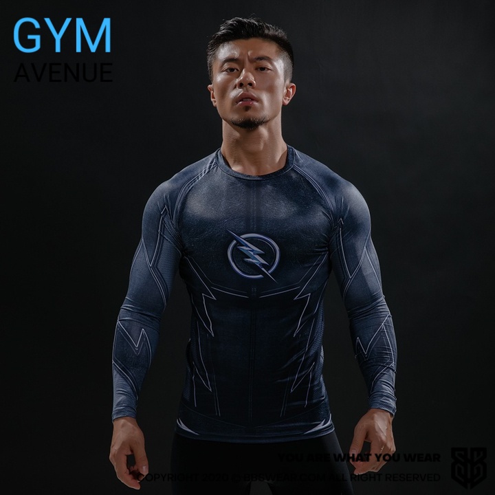 Áo giữ nhiệt nam tay dài BBS WEAR - Áo thun dài tay thể thao nam siêu anh hùng tập GYM cosplay 3D Màu đen