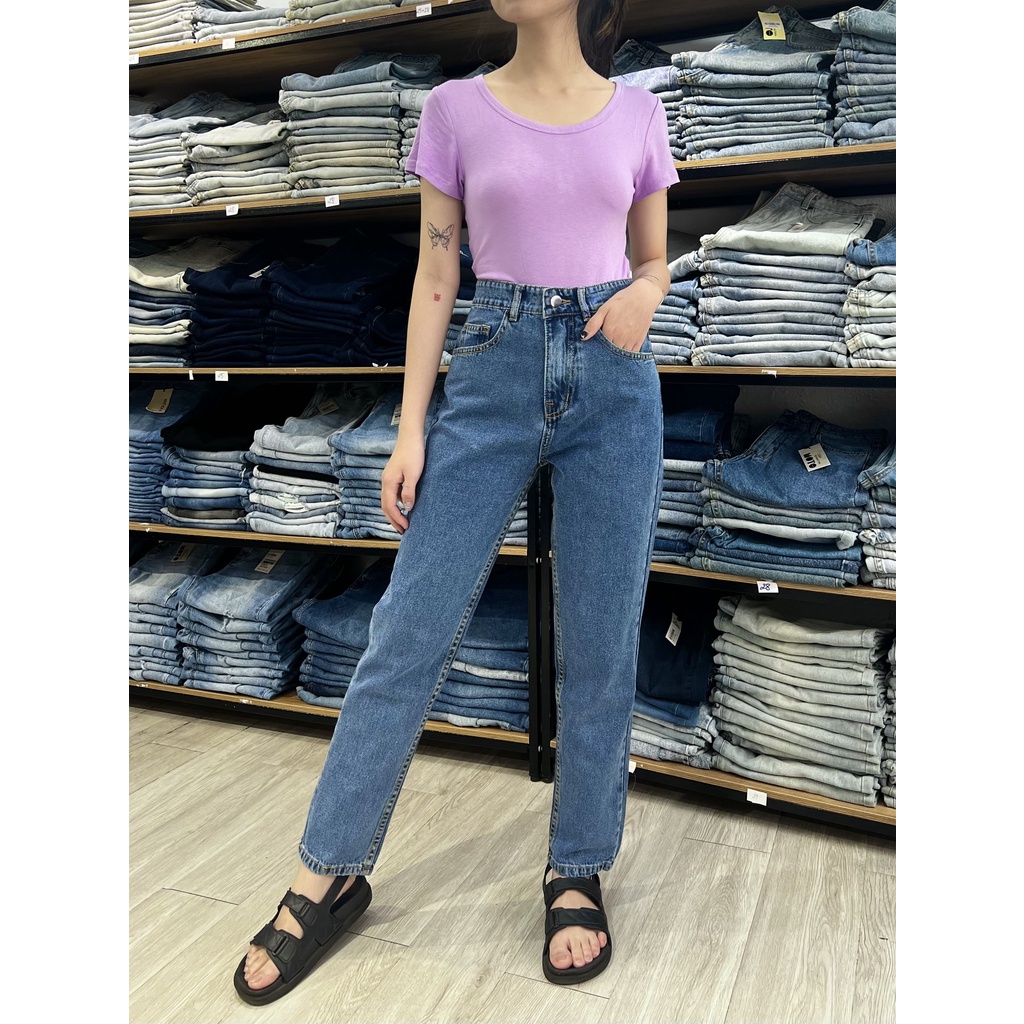 Quần Baggy Jeans Nữ Lưng Cao Màu Xanh Đậm B-03
