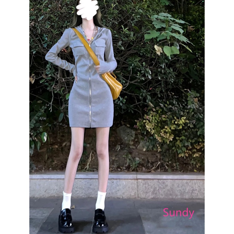 Đầm Hoodie Tay Dài Phối Túi Phong Cách Phương Tây Thời Trang Thu Đông Cho Nữ