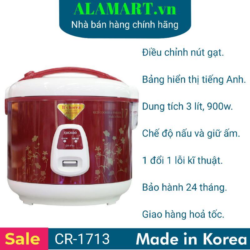 Nồi cơm điện 3,0L Cuckoo CR-1713 nhập khẩu Hàn Quốc dùng gia đình 6 - 12 người ăn nấu 1,5 kg gạo