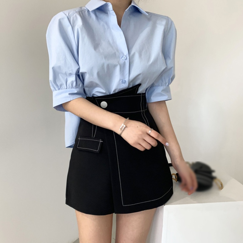 Áo Sơ Mi Tay Lửng Cổ Chữ V Cài Nút Ở Lưng Xếp Ly Màu Trơn Dành Cho Nữ