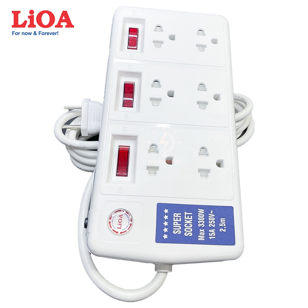 Ổ cắm điện công suất lớn, ổ cắm chịu tải 3300W, cao cấp, LIOA, 6 ổ cắm đa năng, 3 công tắc, 6SS2.5-2