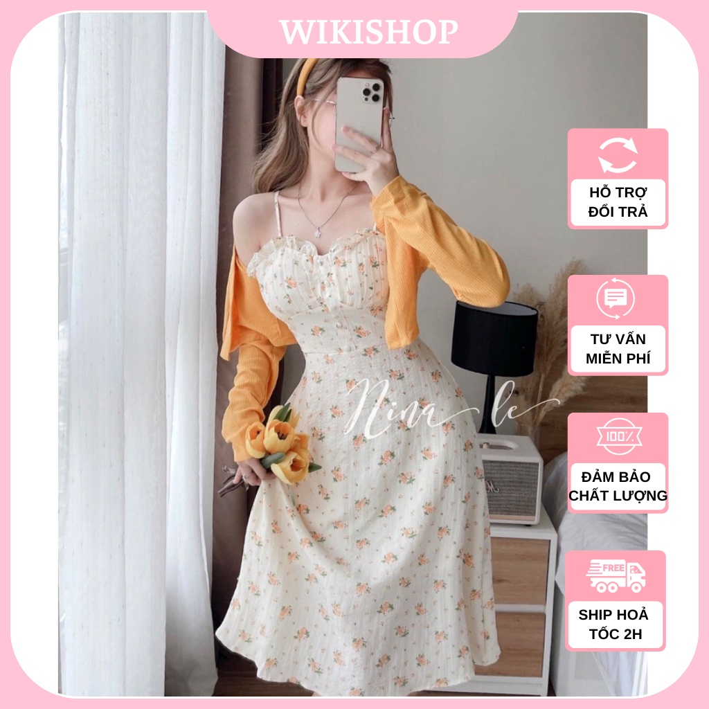 Váy đầm 2 dây, set váy hoa nhí cúp ngực nữ chiết eo phối áo khoác cardigan lửng trơn ôm dáng dài freesize WikishophcC999