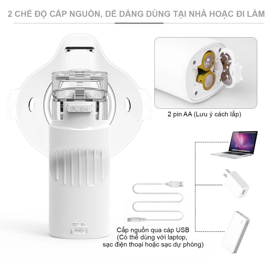 Máy khí dung cầm tay mini chạy pin, máy xông mũi họng GICO - công gngheej siêu âm không gây ồn