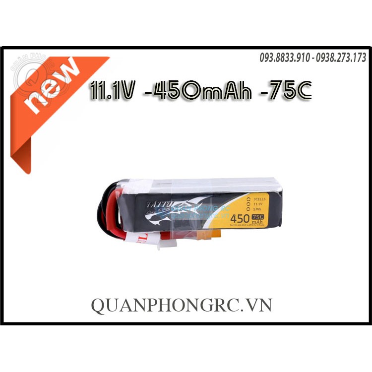 Pin Tattu 450mAh 3S 75C 11.1V LiPo Battery XT30 Plug