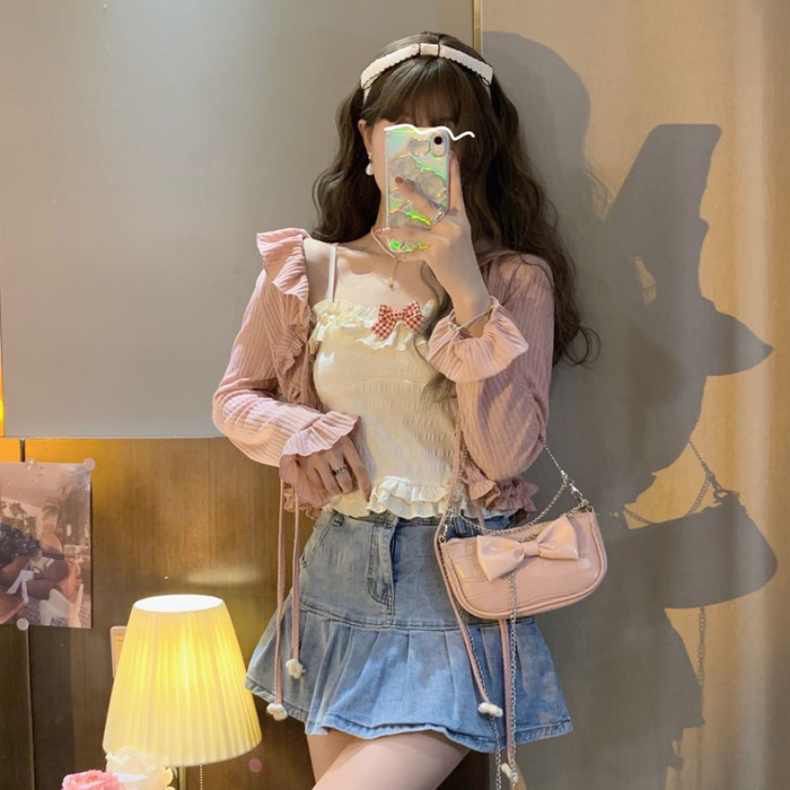 Áo Cardigan Ngắn Chống Nắng Cột Dây Nơ Tai Gỗ Dễ Thương Phong Cách Nhật Bản Cho Nữ