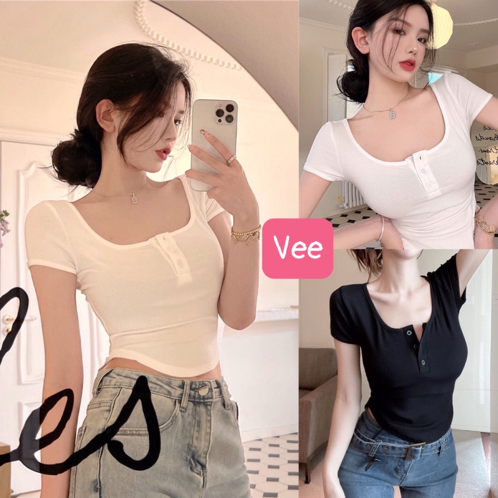 Áo croptop bigsize cúc ngực đuôi tôm ôm body quyến rũ/ Áo crt trơn cổ vuông cộc tay 2 màu ulzzang cá tính_veestore