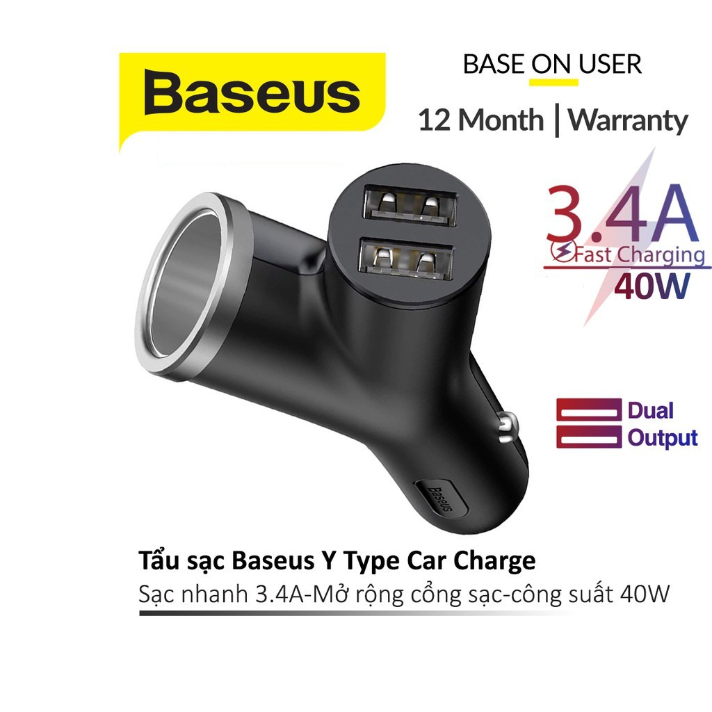 Tẩu sạc xe hơi Baseus Y-Type sạc nhanh 3.4A trang bị 2 cổng Usb cho tốc độ sạc nhanh hơn 30 - 40%