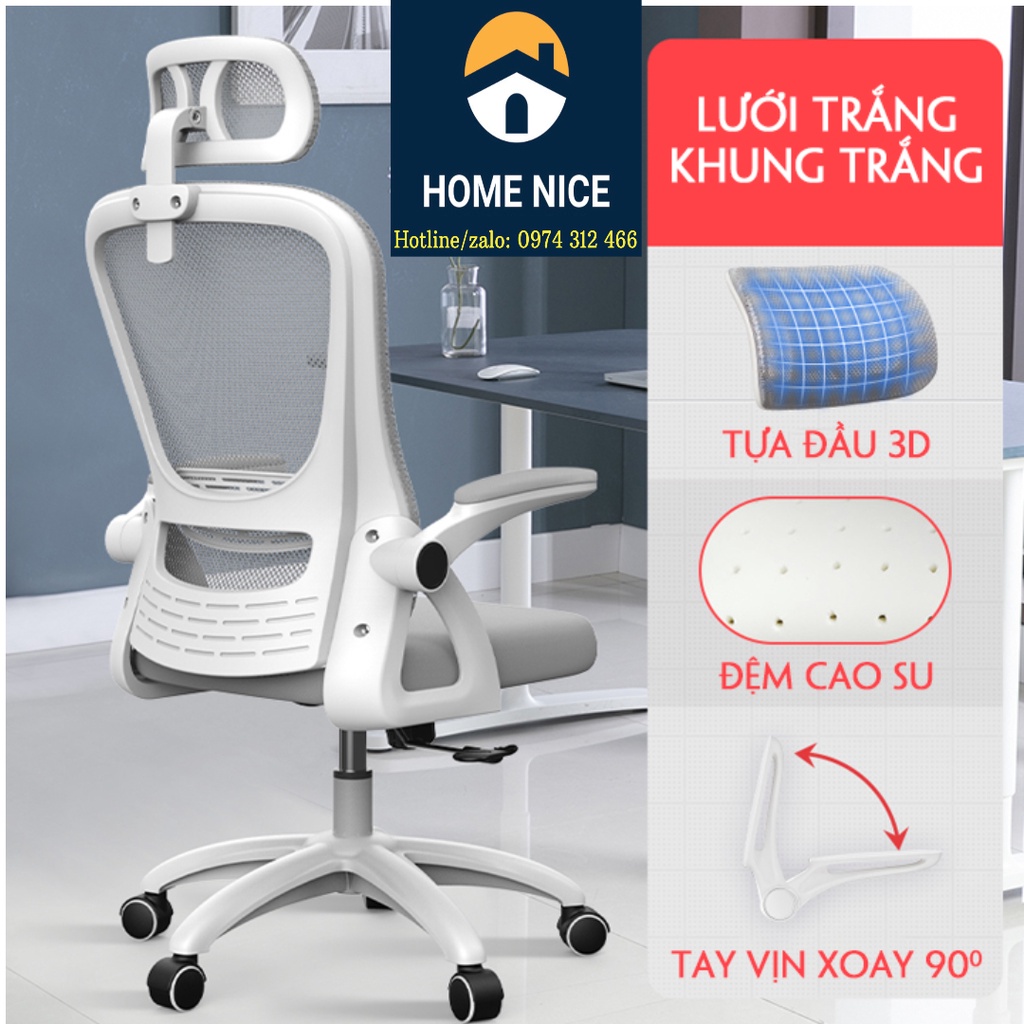 Ghế công thái học ergonomic (HOT), ghế xoay văn phòng tựa lưng lưới chỉnh cao, ghế làm việc tiện ich ngả đầu điều chỉnh