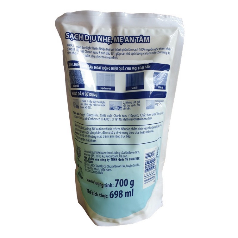 Nước lau Sàn Túi 700ml Sunlight Thiên Nhiên Chiết Xuất Chanh Yuzu & Tinh Dầu Sả
