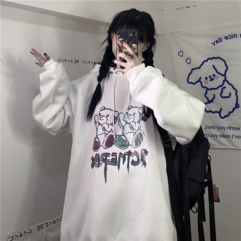 Áo hoodie Unisex nữ form rộng in Hình Gấu siêu Kute, hoodie nữ form rộng unisex có mũ màu đen trắng - UNA02 | BigBuy360 - bigbuy360.vn