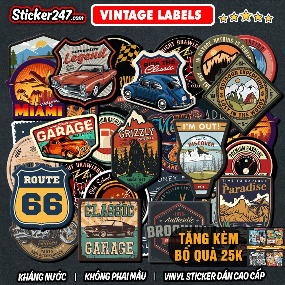 Sticker Vintage Labels 🌈𝑭𝒓𝒆𝒆𝒔𝒉𝒊𝒑 Sticker Dán Mũ Bảo Hiểm, Dán Vali, Đàn Guitar - Hình Dán Chống Thấm Nước - Mix Chủ Đề