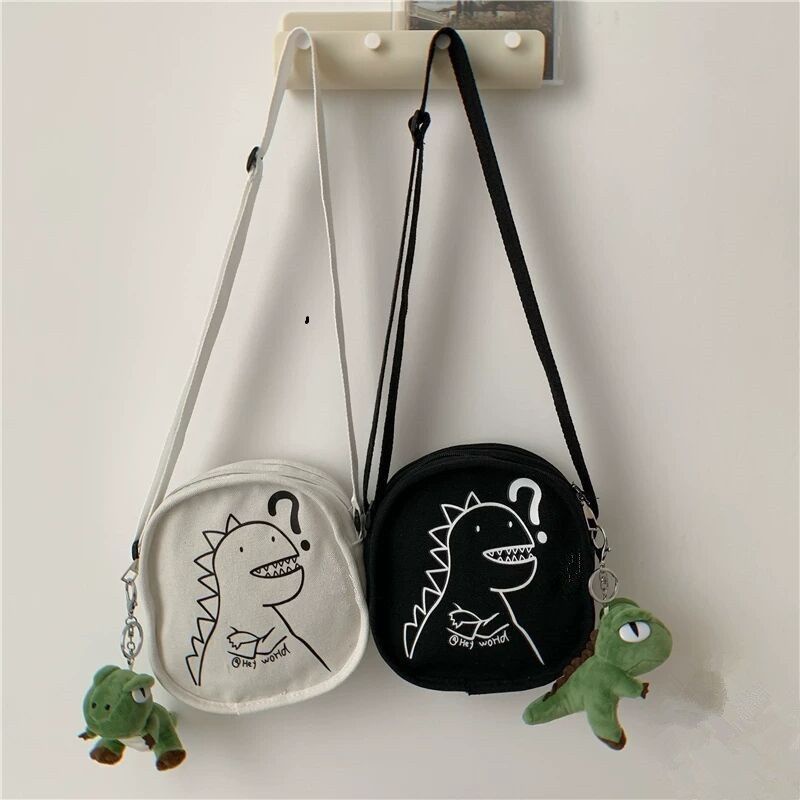 Túi đeo vai vải canvas có gắn/ không gắn mặt khủng long nhỏ dễ thương cho bé gái
