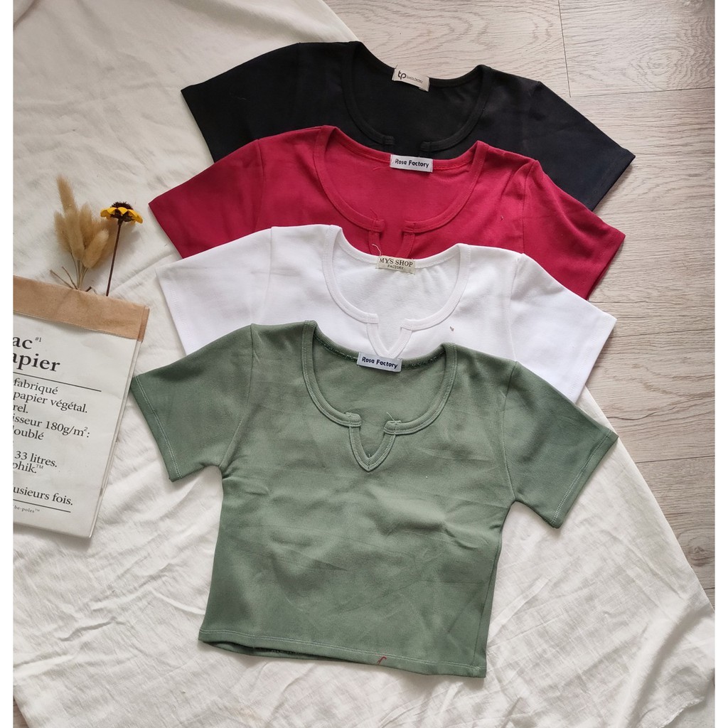 [Mã FAMAYWA giảm 10K đơn 50K] Áo croptop tay con ôm body xẻ cổ V, hình thật ảnh sàn | BigBuy360 - bigbuy360.vn