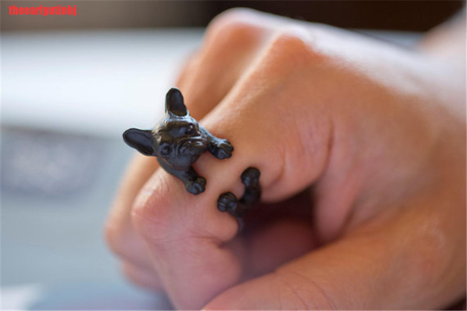 INHJ Vintage French Bulldog Animal Wrap Rings Gift for Women and Men Fashion Jewelry