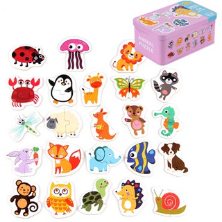 xếp hình 2 miếng động vật hộp sắt cho trẻ nhỏ ghép hình