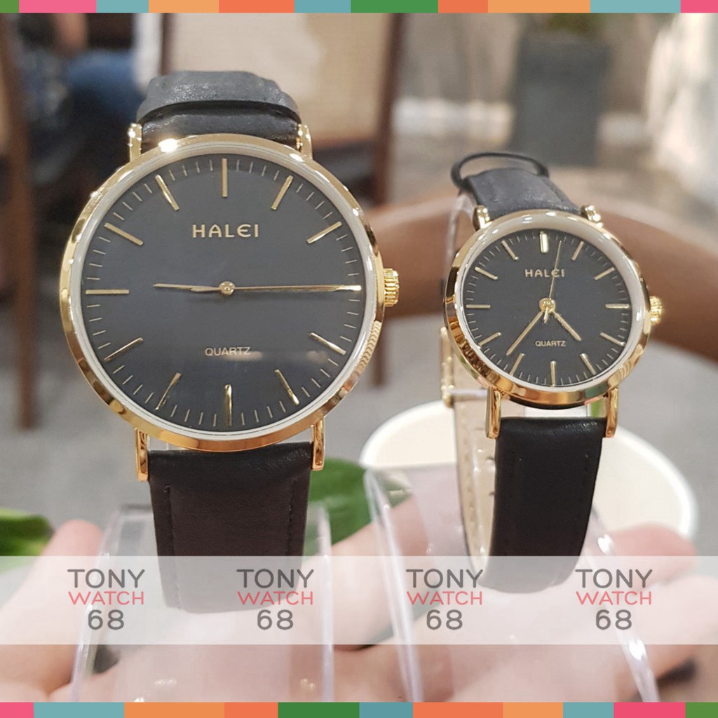 Cặp đồng hồ nam nữ Halei dây da số vạch mặt siêu mỏng mạ vàng chính hãng Tony Wacth 68