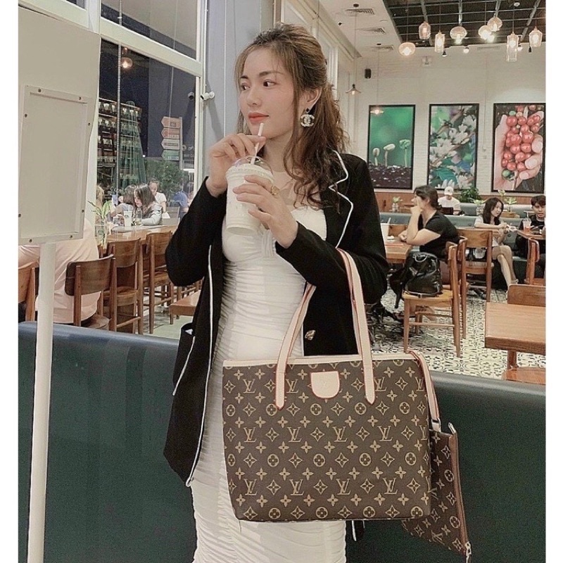 Túi Công Sở Nữ Đeo Vai, Túi Tote Hoạ Tiết Lv Kèm Ví Nhỏ