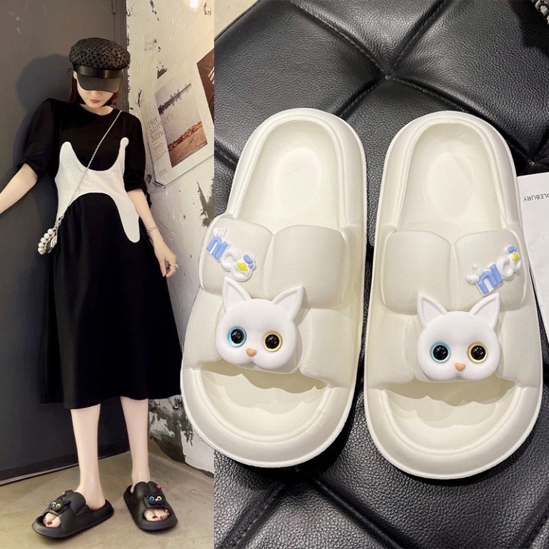 Dép bánh mỳ quai ngang nữ ô vuông đính sticker mèo cute siêu êm siêu bền - DL160
