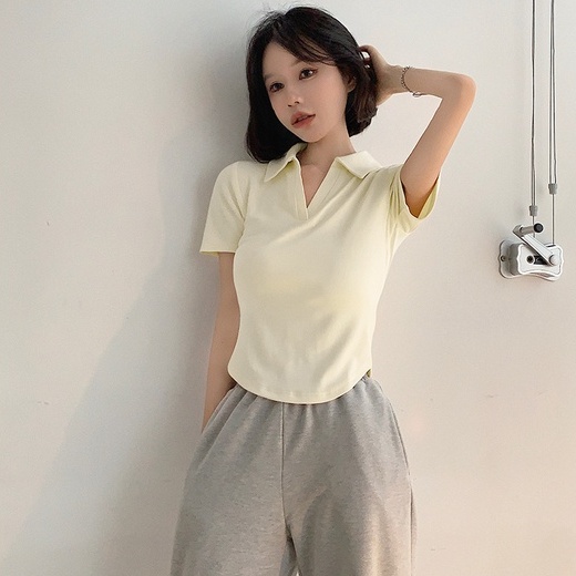 Áo thun ZHELIHANGFEI polo ngắn tay eo cao thiết kế quyến rũ thời trang