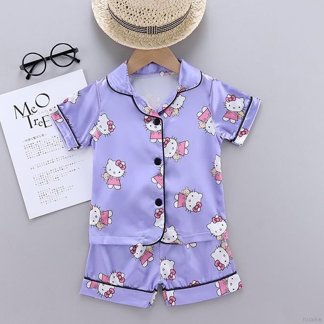 Bộ Đồ Ngủ Pijama Ngắn Tay In Hình Mèo Dễ Thương Cho Bé Gái 1-6 Tuổi