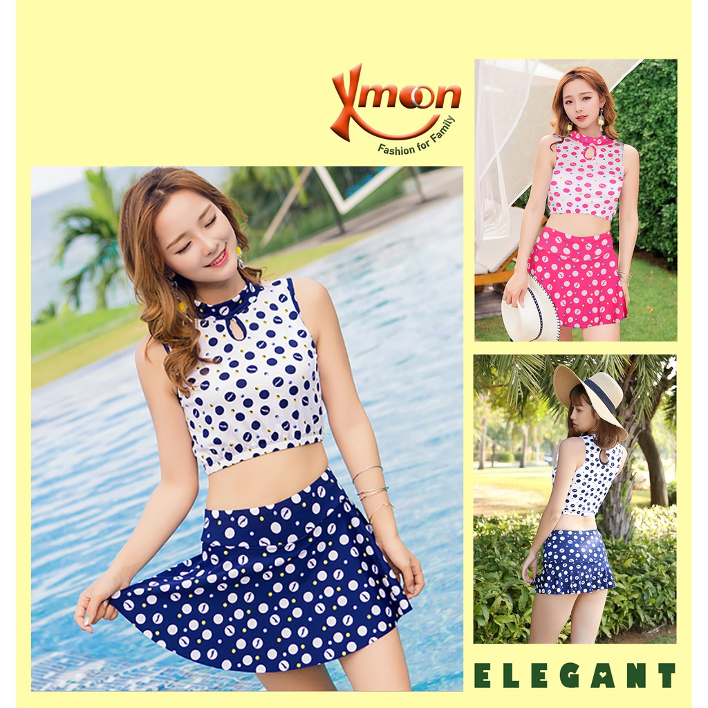 Áo tắm nữ 2 mảnh kín đáo tôn vòng eo gợi cảm áo không tay cổ 3 phân váy ngắn liền quần bơi MH1597