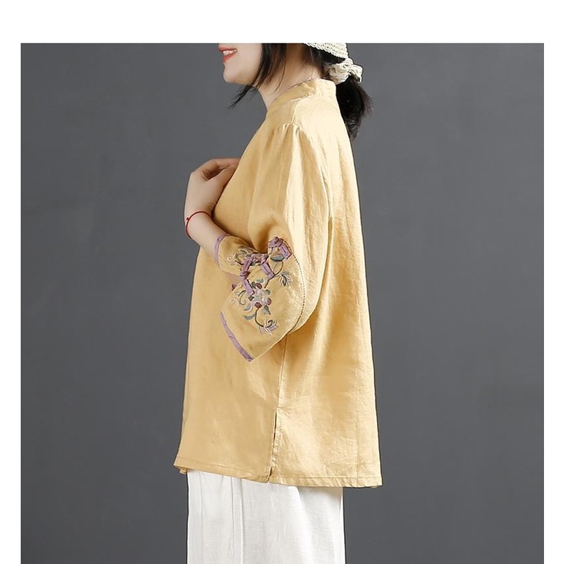 Áo Sơ Mi Vải Lanh cotton Cổ Đứng Cài Nút Thêu Họa Tiết Kiểu Trung Hoa Cổ Điển Thời Trang Xuân Hè 2022 Cho Nữ size m-4xl