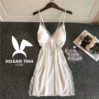 Đầm ngủ 2 dây phối ren eo, ngực phối lưới Hoàng Tình Store, chất liệu lụa satin cao cấp mềm mại, freesize dưới 65kg