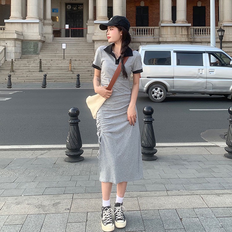 Đầm midi XINLANYASHE dáng chữ A cổ polo xẻ tà thời trang mùa hè 2022 tùy chọn màu sắc váy thiết kế tay bồng