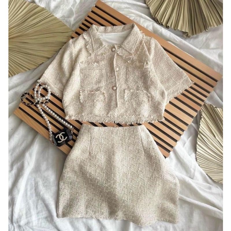 Set dạ tweed nude cúc ngọc sang chảnh, tôn dáng trendy kèm ảnh thật MS803