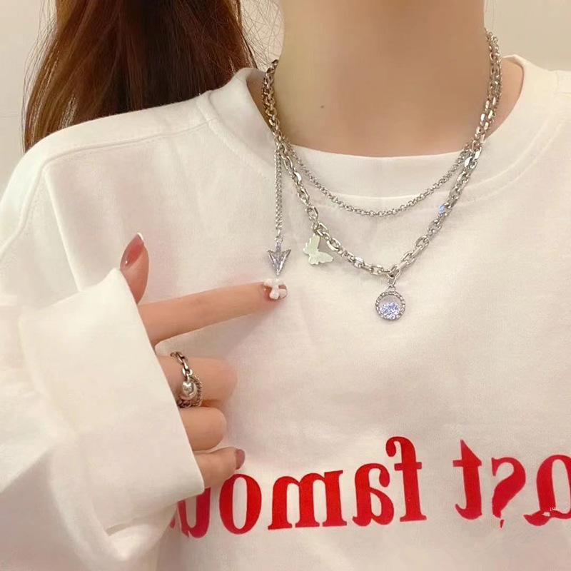 Dây chuyền thiết kế hai lớp mặt hình bướm giọt nước phong cách Hàn Quốc hip hop
