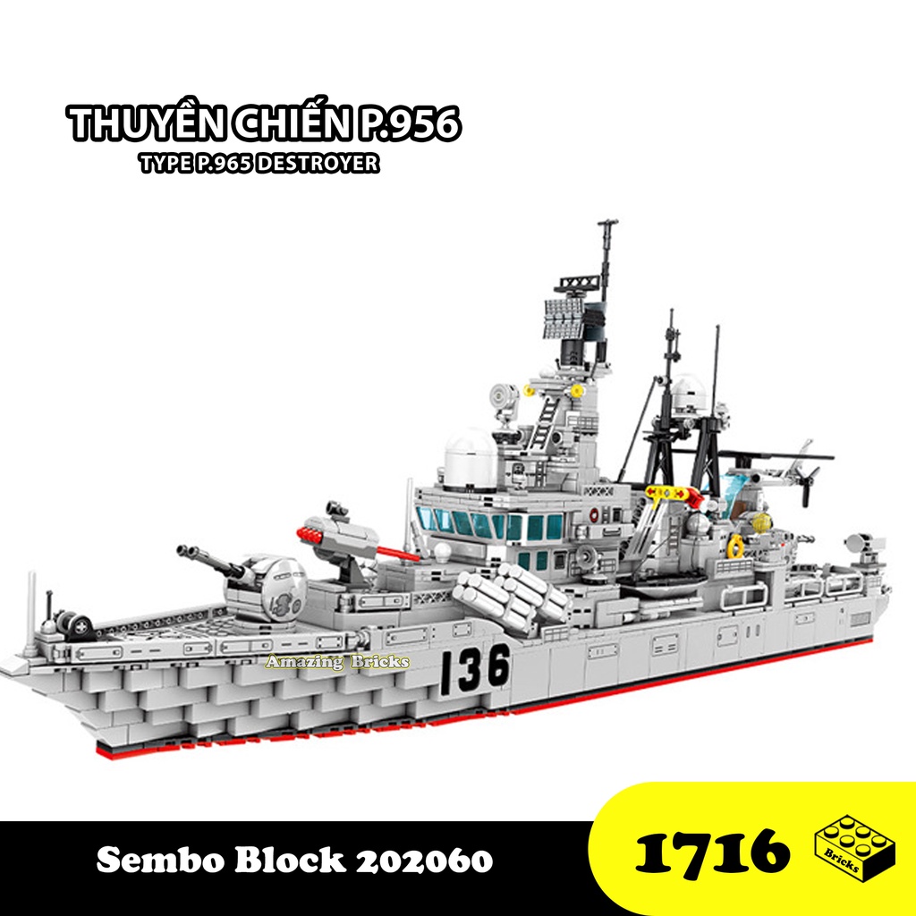 Đồ chơi lắp ráp Tàu chiến P.956 - Xếp hình Sembo Block 202060 Chiến hạm 956 kẻ hủy diệt - Mô hình thông minh 1716  mảnh