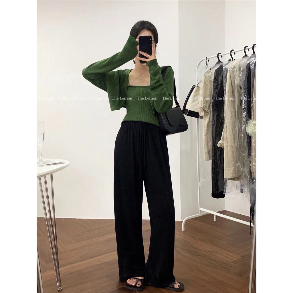 SUXI Quần Dài Lưng Cao Ống Rộng Màu Sắc Đơn Giản Phong Cách Hàn Quốc