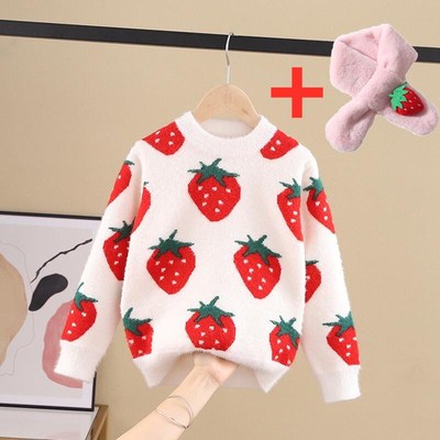 Bộ Áo Sweater Phối Khăn Choàng Cổ Nnjxd Hoạ Tiết Quả Dâu Tây Dễ Thương Dành Cho Bé Gái