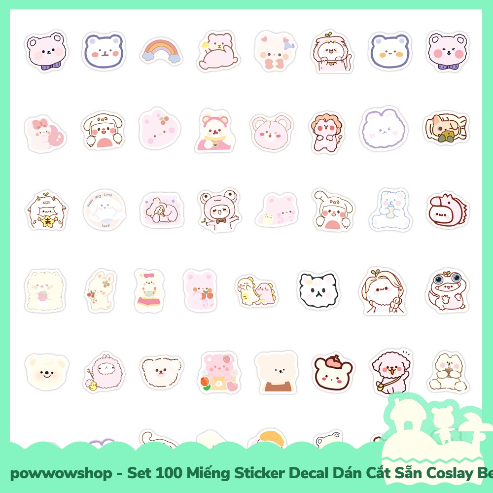 [Sẵn VN - Hỏa Tốc] Set 100 Miếng Sticker Decal Cắt Sẵn DIY Dán Trang Trí Vật Dụng Mẫu Cosplay Cute Bear Babie