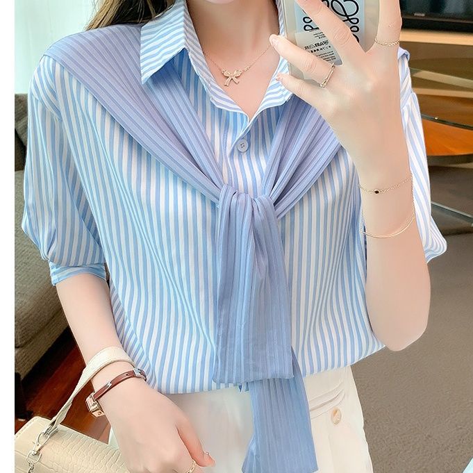 Áo Sơ Mi Chiffon Tay Ngắn Kẻ Sọc Giả Khăn Choàng Thời Trang Mùa Hè Cho Nữ
