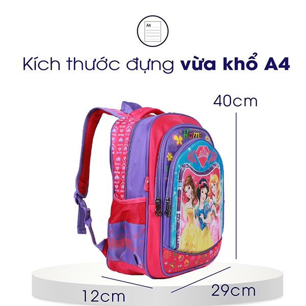 Balo học sinh cấp 1 Hami 2302 Công chúa, balo tiểu học cho bé gái, nhẹ, chống thấm nước, bảo hành miễn phí 12 tháng