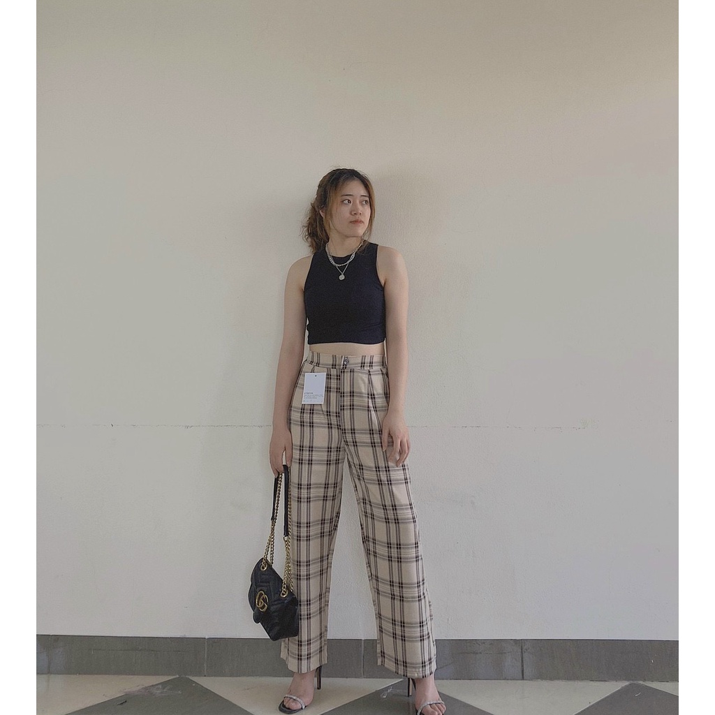 Quần Ulzzang ống rộng suông cúc trước lưng thun - Quần CULOTTES XUÔNG - Kẻ cá tính Ảnh thật | BigBuy360 - bigbuy360.vn