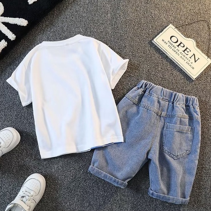 Bộ Áo Thun Tay Ngắn + Quần Short Denim Dáng Rộng In Hình Phi Hành Gia Hoạt Hình Thời Trang 2022 Cho Bé Trai 3-15 Tuổi 90-160