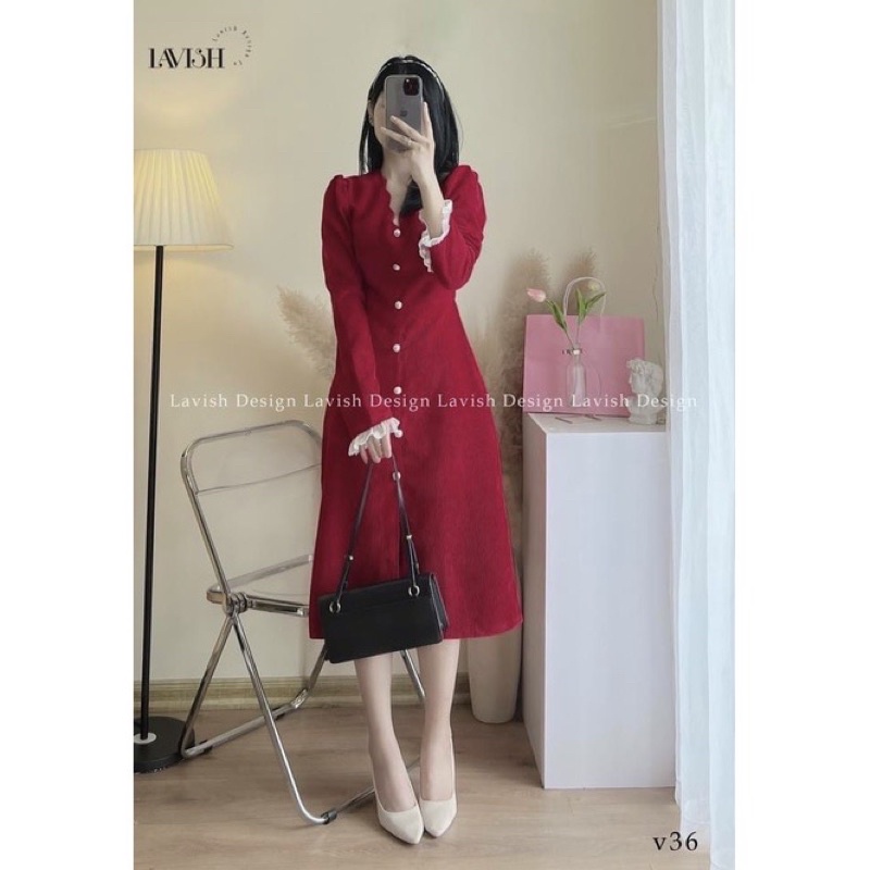 Váy nhung đỏ dáng dài cổ cách điệu tay phối ren cho nữ
