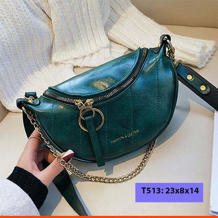 Túi bao tử đeo chéo vải bố unisex nam nữ đeo bụng đeo trước ngực kèm dây xích cá tính T513 | BigBuy360 - bigbuy360.vn