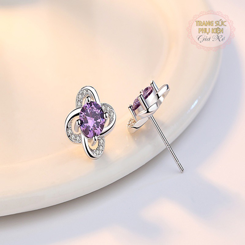 Hoa tai mẫu mới HT157, hoa 4 cánh hạt đá trắng, tím sang trọng bạc ÝS925