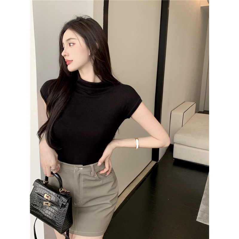 Áo Thun Nữ Ngắn Tay Cổ Cao Thời Trang Hàn