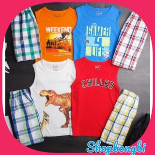 (20-45kg) Bộ ba lỗ cotton bé trai size đại xuất dư quần kẻ chất đẹp