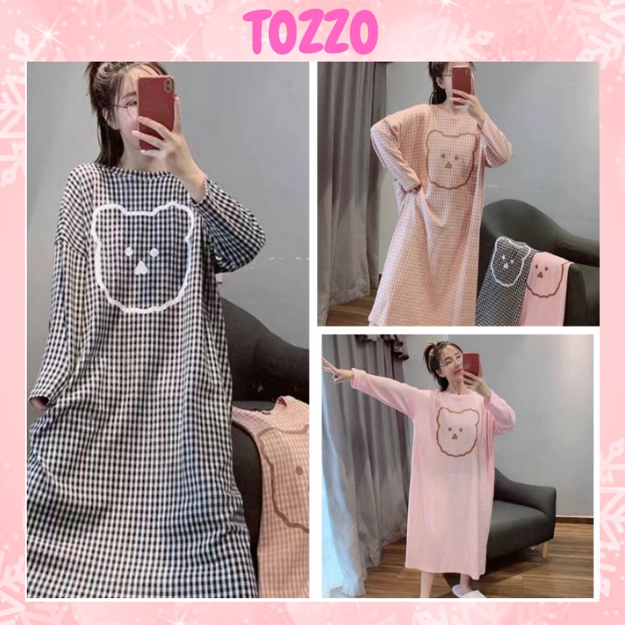 Váy ngủ dài tay form bigsize dáng suông TOZZO in hoạt hình cute dễ thương chất liệu cotton mặc nhà mùa thu đông VD01