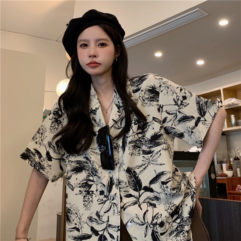 Áo Sơ Mi Tay Ngắn Dáng Rộng In Họa Tiết Phong Cách Hồng Kông Thời Trang Thiết Kế Mới Cho Nữ