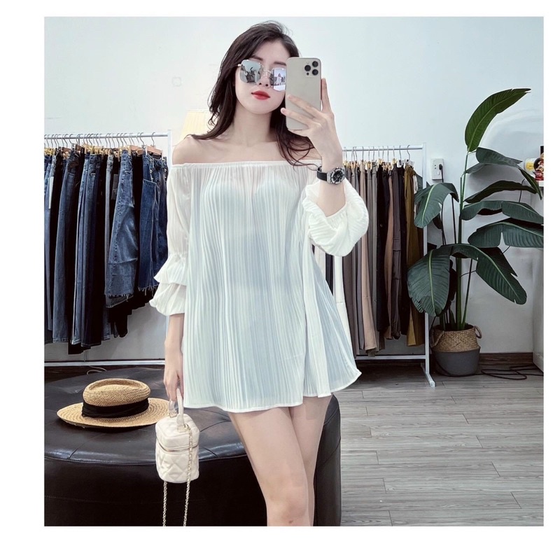 Áo lụa trễ vai dập ly _ Hàng loại 1