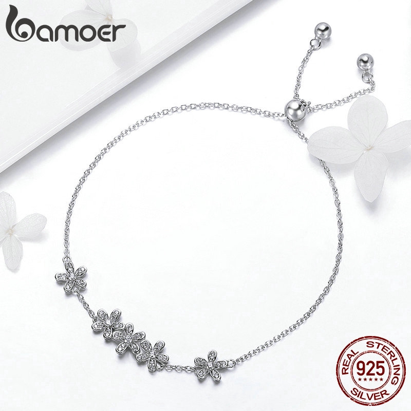 Lắc tay Bamoer bằng bạc thật 925 kiểu hoa cúc đính đá zircon xinh xắn cho nữ SCB084