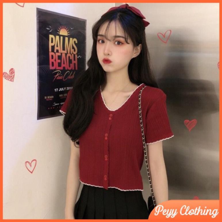 Áo len tăm dệt kim ngắn tay cổ tim phối khuy phong cách ulzzang Hàn Quốc A07 - Peyy Clothing .