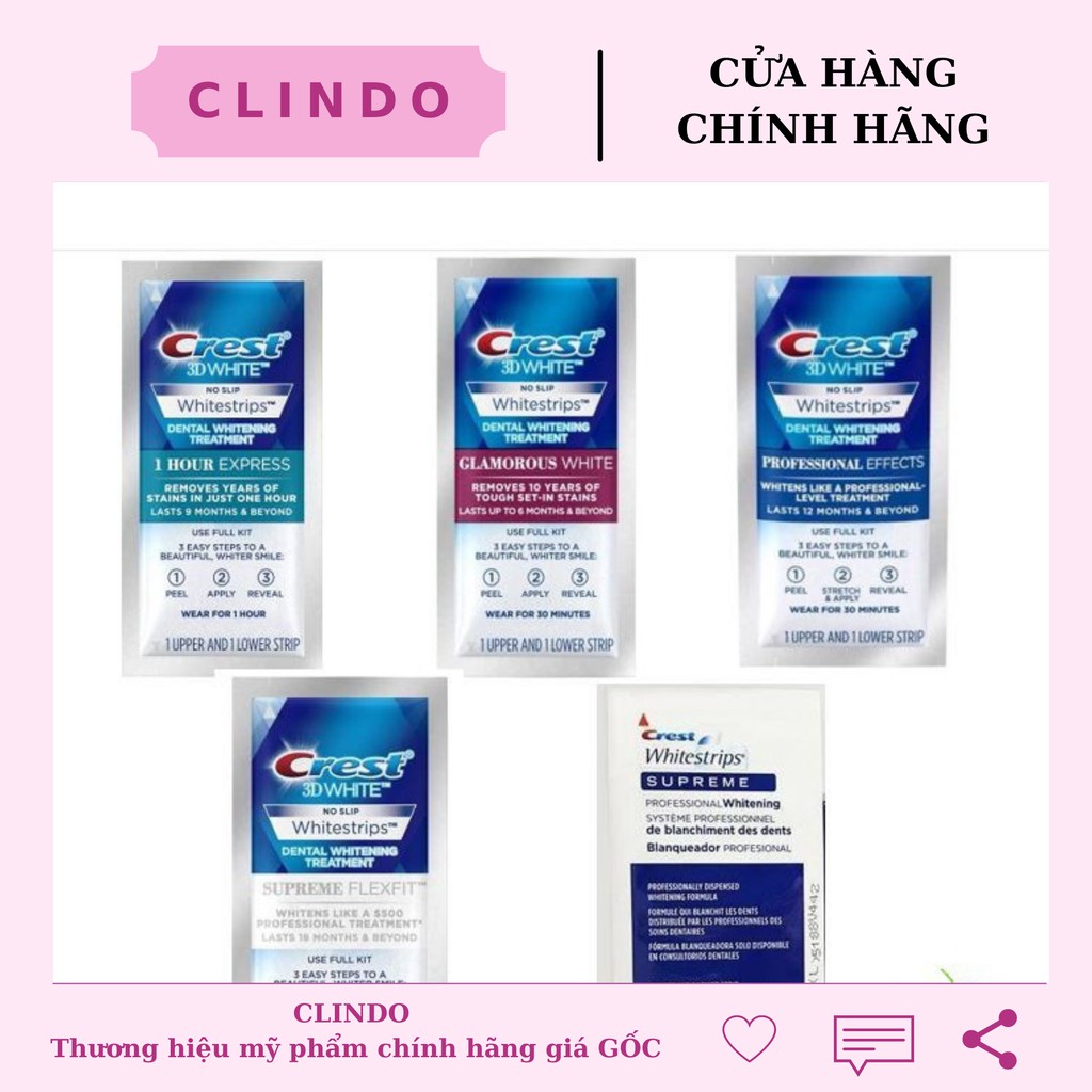 [CHÍNH HÃNG ĐỦ LOẠI] Miếng dán trắng răng Crest 3D White - Mỹ (Professional Effects/ Supreme Flexfit/ Glamorous/ 1 hour)